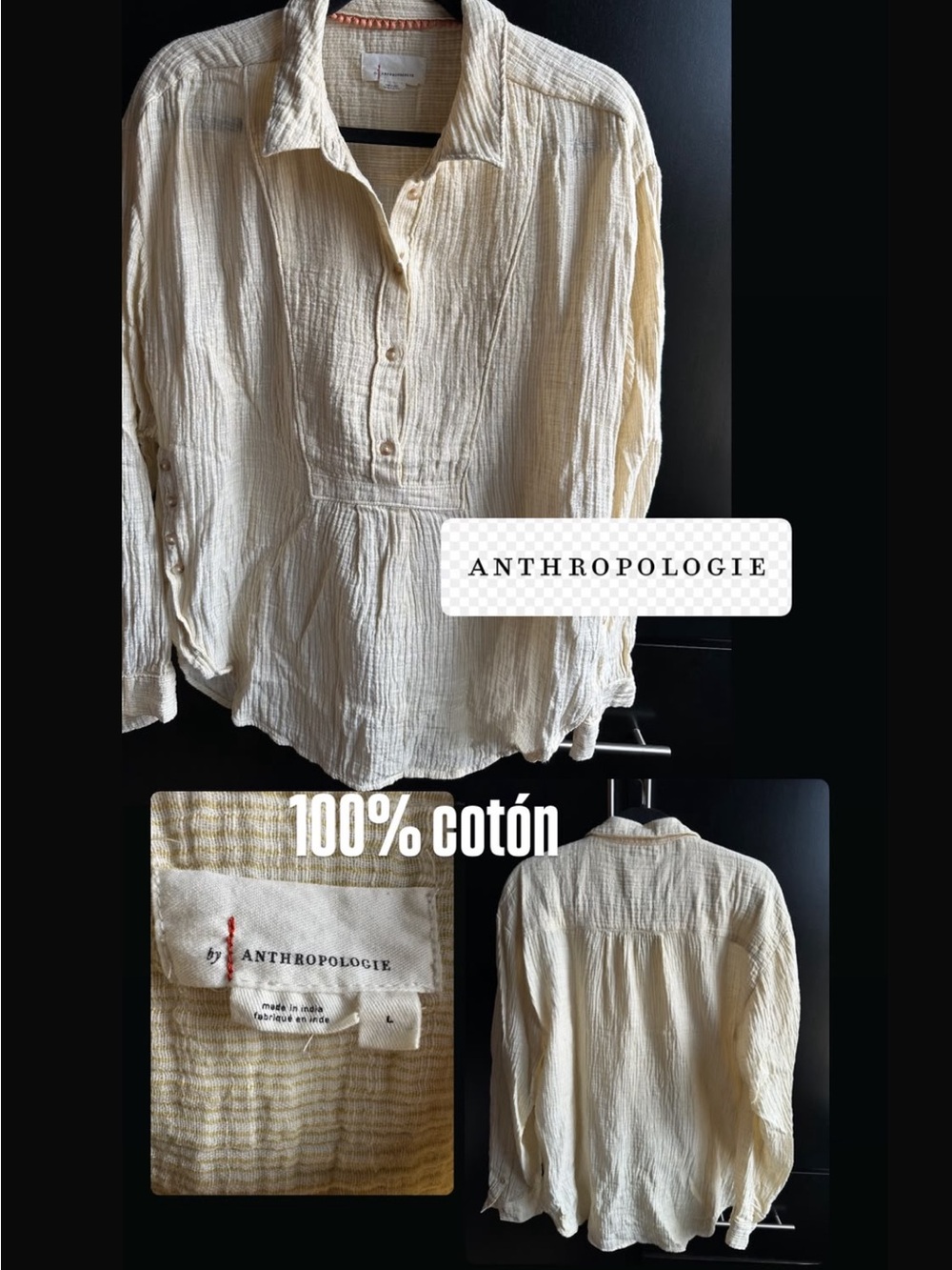 Anthropologie Cream Gauze Cotton Button-Down Shirt - Picture 1 of 1